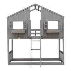 Twin over Twin House Bunk Bed with Roof , Window, Window Box, Door , with Safety Guardrails and Ladder, Grey