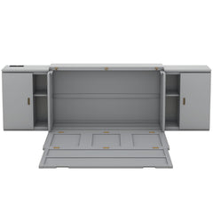 Queen Size Murphy Bed with Shelves, Cabinets and USB Ports,Gray