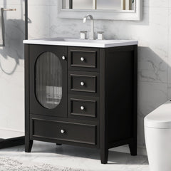 30" Bathroom Vanity with Sink, Bathroom Vanity Cabinet with Three Drawers and Door, Solid Wood and MDF, Black