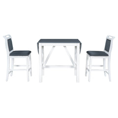 TOPMAX 3-Piece Wood Counter Height Drop Leaf Dining Table Set with 2 Upholstered Dining Chairs for Small Place White+Gray