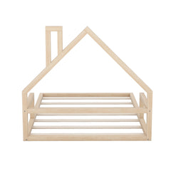 Full Size Wood Floor Bed with House-shaped Headboard  Natural