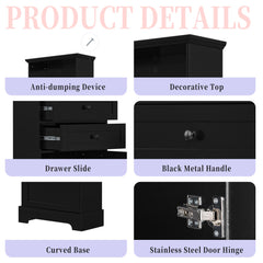 Black high storage cabinet with 3 drawers and adjustable shelves, MDF board painted