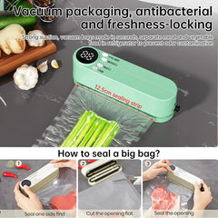 Beige cordless 3 - in - 1 food sealer. For dry/moist food, 4 bags. Seals chip bags, inflates items.