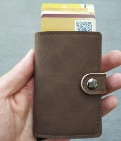 RFID Protected Vintage Automatic Leather Credit Card Holder Men Aluminum Alloy Hasp Business ID Multifunction Cardholder Wallet