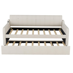 Twin Size Upholstery Daybed with Trundle and USB Charging Design Trundle can be flat or erected Beige