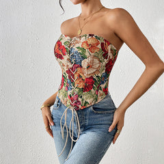 Retro strapless floral print slim fit new lace up chest hugging niche vest