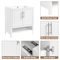 30" Bathroom Vanity with Sink  Multi-functional Bathroom Cabinet with Doors and Drawers Solid Frame and MDF Board, White