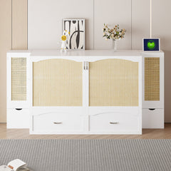 Large Murphy bed wall mounted bed with drawers, 2 storage cabinets, 1 set of sockets and USB ports, white