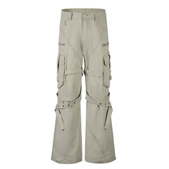 High Street Style Multi-Pocket Workwear Flared Trousers with Belt Design for Men