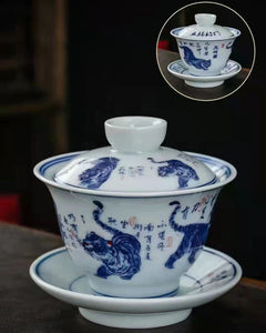 Ceramic set, three talents, covered bowl, old clay, retro kung fu tea set, tea bowl, underglaze tiger cup, Jingdezhen