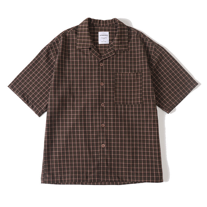 Vintage color woven plaid wrinkle resistant Cuban collar short sleeved shirt