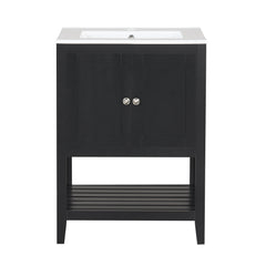 24" Black Modern Sleek Bathroom Vanity Elegant Ceramic Sink with Solid Wood Frame Open Style Shelf