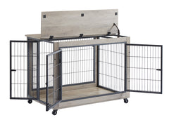 Furniture Style Dog Crate Side Table on Wheels with Double Doors and Lift Top.Grey,38.58''w x 25.5''d x 27.36''h