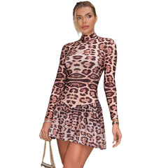 Fitted Leopard Print Long Sleeve Dress
