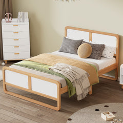 Modern Style Queen Size Solid Wood Platform Bed for Kids, Teens, Adults, No Need Box Spring, Walnut and White