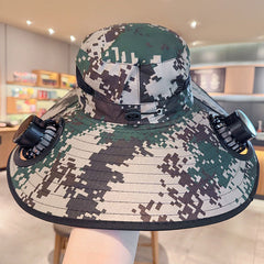 Solar powered fan large brim hat men's outdoor sunshade hat mountain climbing fisherman hat