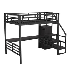 Full Size Metal Loft Bed with Desk, Storage Staircase and Small Wardrobe, Storage stairs can be installed left and right,Black