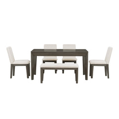 TOPMAX 6-Piece Dining Table Set with Upholstered Dining Chairs and Bench Farmhouse Style Tapered Legs Dark Gray+Beige