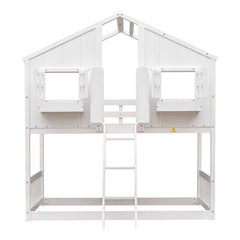 Twin over Twin House Bunk Bed with Roof , Window, Window Box, Door , with Safety Guardrails and Ladder,White