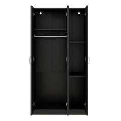 3 Door Wardrobe with Mirror, Armoire with Hanging Rod and 3 Fixed Shelves,Black