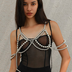 Sweet, cool and spicy girl imitates pearl hollow tassel ethnic windbreaker decoration chain, sexy nightclub style multi-layer body chain