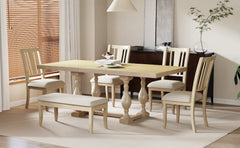 Traditional 6-Piece 78inch Trestle Extendable Dining Table Set with One 18inch Removable Leaf Padded Dining Chairs Bench,Natural