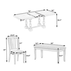 Traditional 6-Piece 78inch Trestle Extendable Dining Table Set with One 18inch Removable Leaf Padded Dining Chairs Bench,Natural