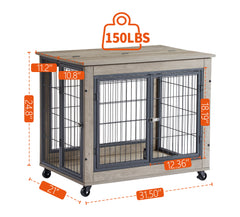 Furniture Dog Cage Crate with Double Doors on Casters. Grey, 31.50'' W x 22.05'' D x 24.8'' H.
