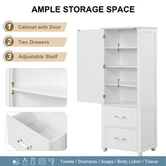 Tall bathroom storage cabinet with two drawers and adjustable shelves for independent storage