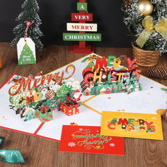 Christmas 3D greeting card, Christmas tree, little penguin cartoon, cute paper carving, handwritten message greeting card