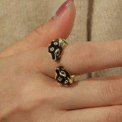Black Panther Diamond Set Enamel Glazed Open Ring Fashionable and niche Design Jewelry for Women