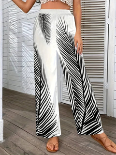 Fashionable and elegant striped leaf positioning printed wide leg pants for women