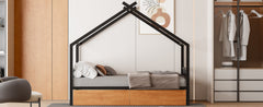 Twin Size Metal House Bed with Two Drawers, Black