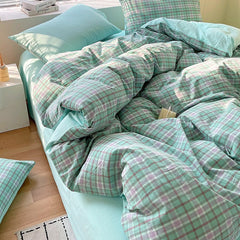 Cotton Dyed Washed Cotton Bedding Set Pure Cotton A Class Flat Sheet Quilt Cover Fitted Sheet Quilt Cover Three-Piece Set Striped