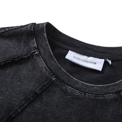 Spliced Raw Edge Short Sleeve T-Shirt Unique Design Hip Hop Men's Washed Vintage Casual Tee
