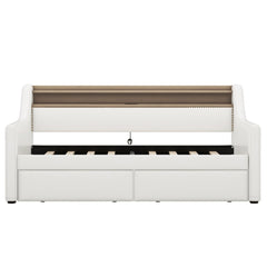 Twin Size Daybed with Drawers, Upholstered Daybed with Charging Station and LED Lights, White