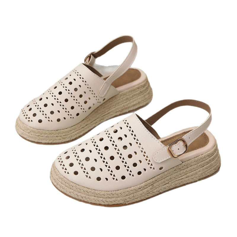 Baotou sandals women's thick soled sloping heel retro hemp rope hollowed out women's sandals