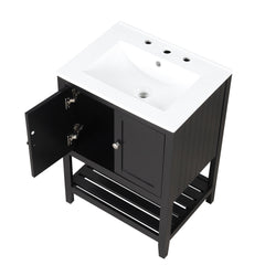 24" Black Modern Sleek Bathroom Vanity Elegant Ceramic Sink with Solid Wood Frame Open Style Shelf