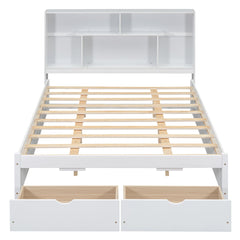 Queen Size Platform Bed with Storage Headboard and 2 Drawers, White