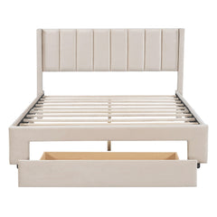Queen Size Storage Bed Velvet Upholstered Platform Bed with a Big Drawer - Beige