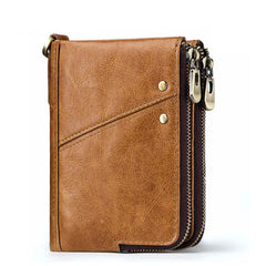 Anti-Theft Brush RFID Genuine Leather Men's Wallet Multifunctional Double Zipper Vertical Wallet Fashion Casual Coin Purse