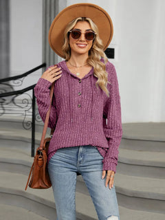 Autumn and winter new solid color hooded button loose long sleeved top