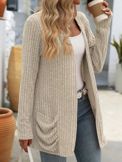 Autumn and winter new solid color pit stripe brushed pocket cardigan long sleeved jacket for women