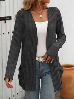 Autumn and winter new solid color pit stripe brushed pocket cardigan long sleeved jacket for women