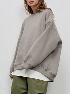 Autumn and winter new solid color round neck loose pullover sweatshirt long sleeved fleece sweater for women