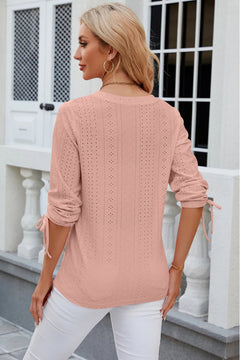Button V-neck solid color mid sleeve loose T-shirt top for women's wear