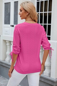 Button V-neck solid color mid sleeve loose T-shirt top for women's wear
