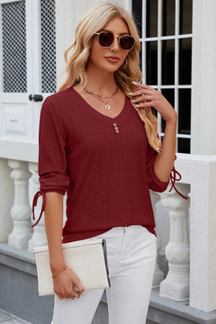 Button V-neck solid color mid sleeve loose T-shirt top for women's wear