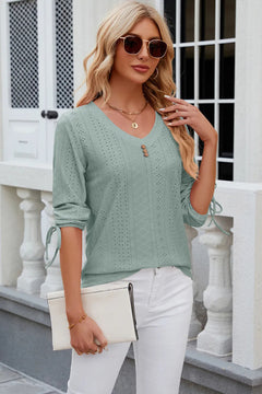 Button V-neck solid color mid sleeve loose T-shirt top for women's wear