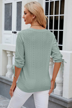 Button V-neck solid color mid sleeve loose T-shirt top for women's wear